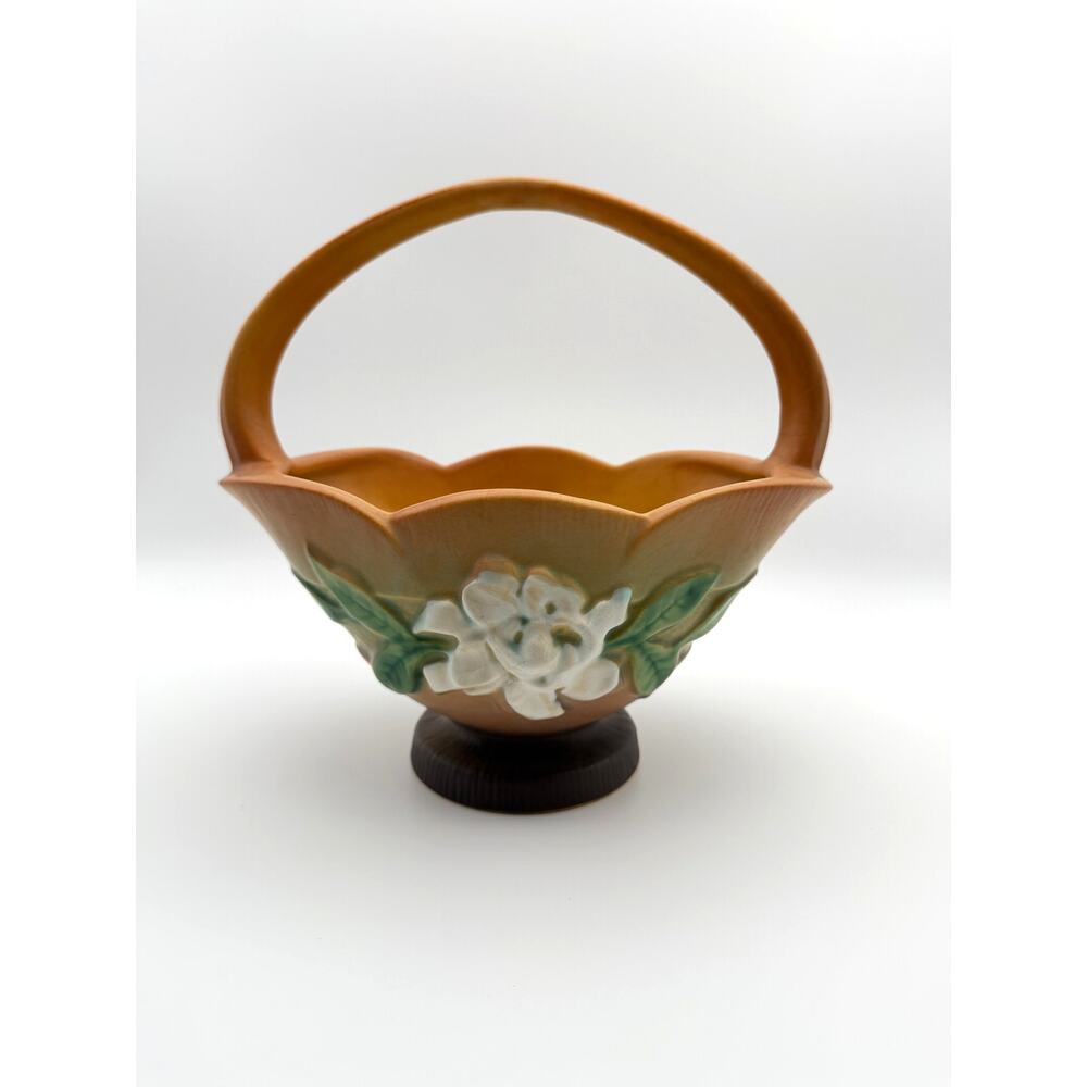 Vintage Roseville Pottery Gardenia Basket Brown Floral Art Pottery 608-8